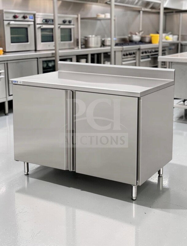 GSW CTD-P3048H 48” stainless steel cabinet base work table, hinged doors, mid-shelf, excellent condition, fully tested.