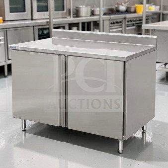 GSW CTD-P3048H 48” stainless steel cabinet base work table, hinged doors, mid-shelf, excellent condition, fully tested.