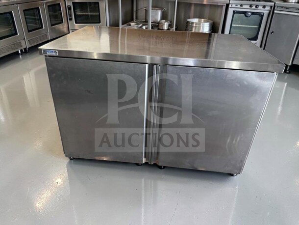 GSW CTD-P3048H 48” stainless steel cabinet base work table with hinged doors and mid-shelf, outstanding condition.