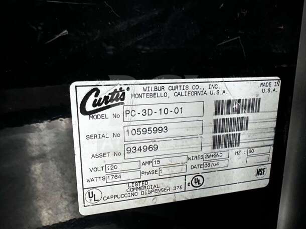 Label on Curtis Cafe Series Primo PC-3D-10-01 Cappuccino Machine shows model, serial 10595993, asset, voltage, and certifications.