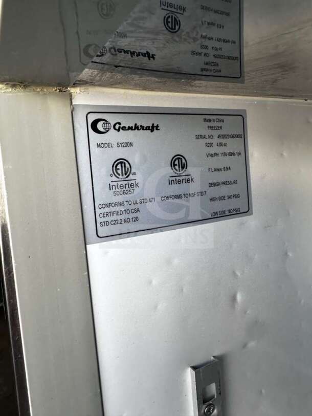 Genkraft S1200N commercial freezer label showing model, serial number, certifications, and operational specifications.