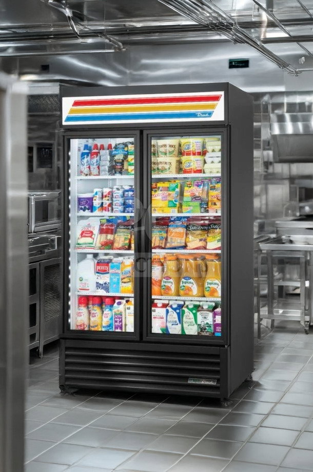 True GDM-43EM commercial glass door merchandiser refrigerator, 2-door, exceptional condition, 115V, fully operational.