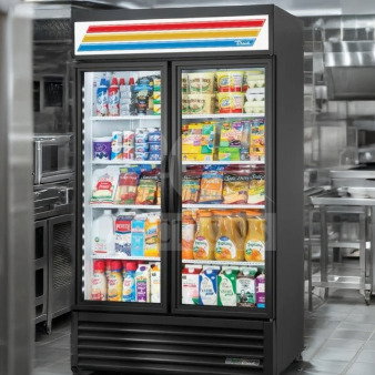 True GDM-43EM commercial glass door merchandiser refrigerator, 2-door, exceptional condition, 115V, fully operational.