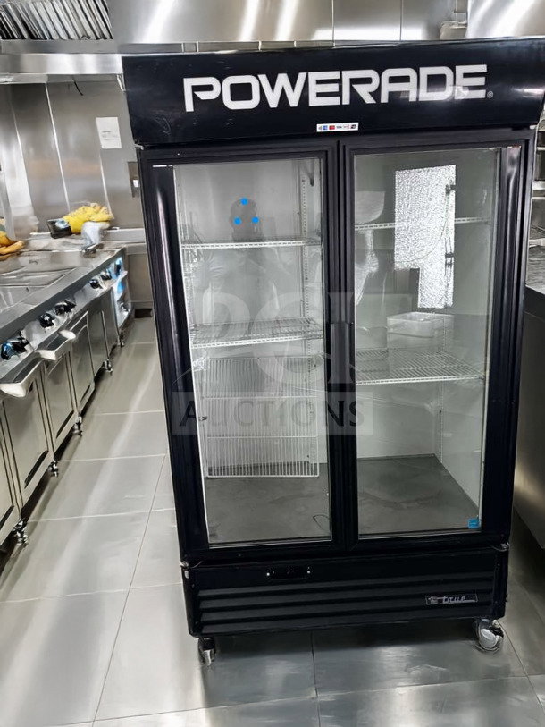 True GDM-43EM commercial glass door merchandiser refrigerator, two-door display cooler, excellent condition, 115V.