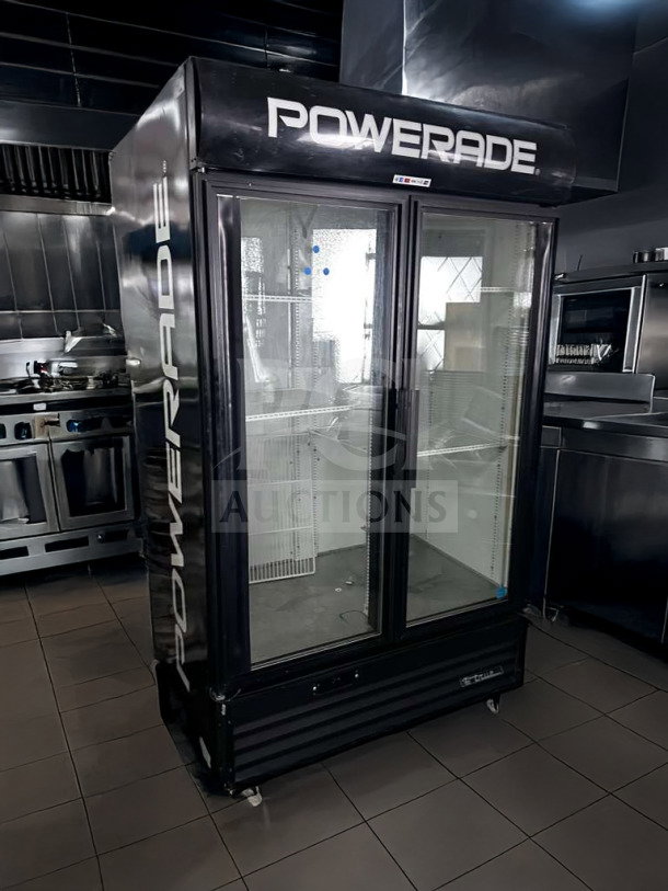True GDM-43EM commercial glass door merchandiser, 2 doors, excellent condition, "Powerade" branding, tested, 115V.