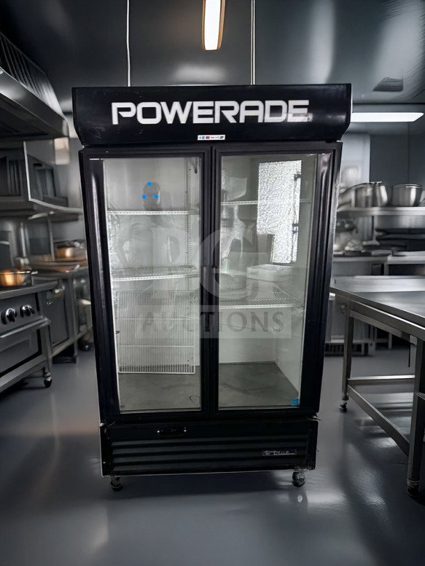 True GDM-43EM commercial glass door merchandiser refrigerator, exceptional condition, 2-door display cooler, 115V, fully tested.