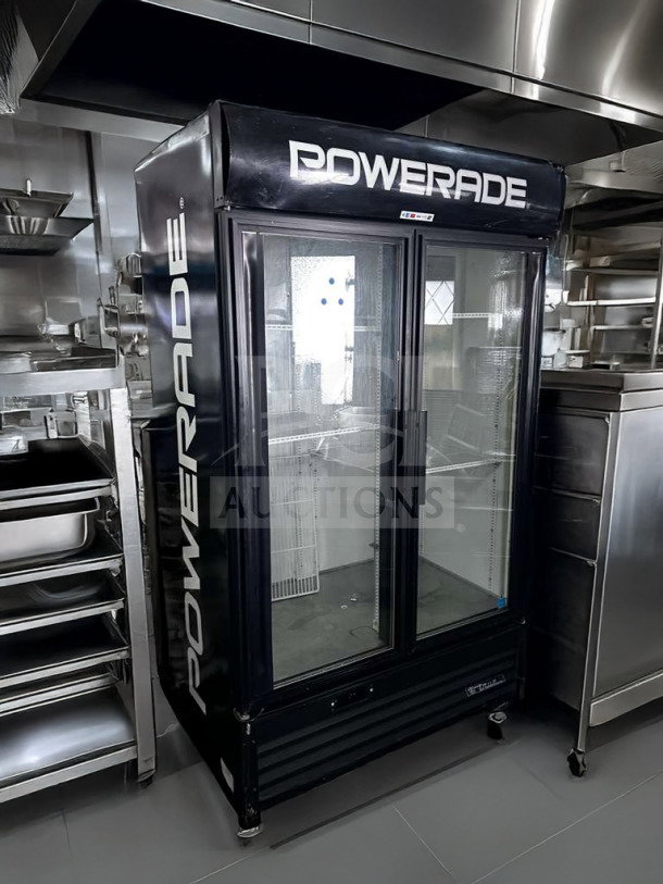 True GDM-43EM commercial glass door merchandiser refrigerator, 2-door, exceptional condition, Powerade branding, fully tested.