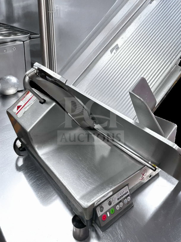 Bizerba GSP HD Commercial Meat Slicer in pristine condition, 120V, missing blade cover. Features control panel, metal finish.