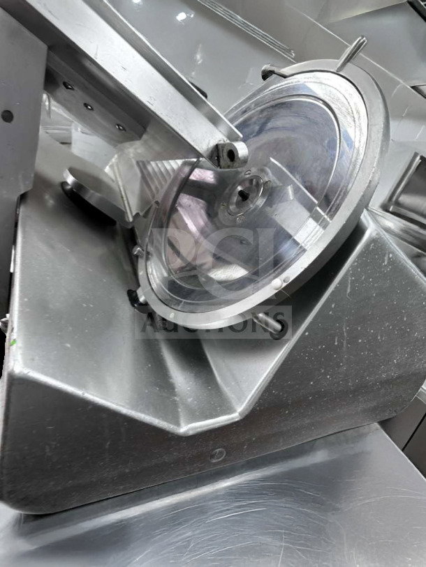 Bizerba GSP HD commercial meat slicer, pristine condition, heavy-duty precision, 120V, missing blade cover.
