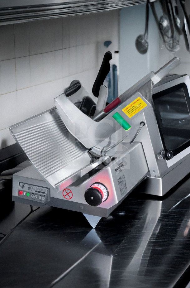 Pristine Bizerba GSP HD automatic meat slicer, 120V. Heavy-duty precision, missing blade cover, fully tested. Model BIZ-L-SLICER-0924.