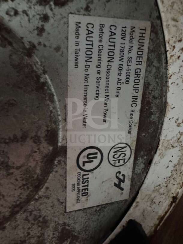 Thunder Group SEJ-50000 commercial rice cooker label showing NSF & UL listing, 120V, 1780W, made in Taiwan.