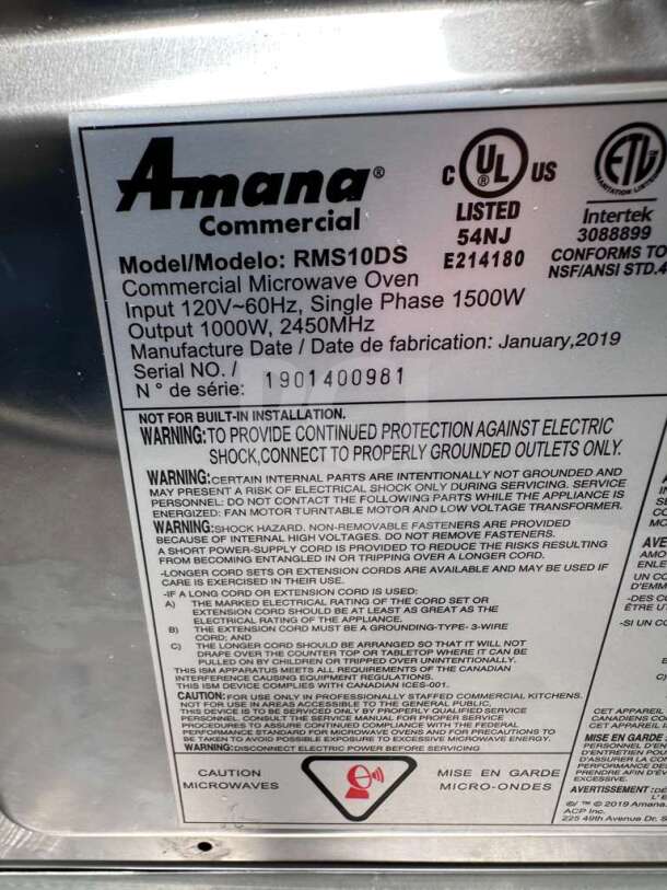 Amana RMS10DSA Commercial Microwave Oven, 1000W, stainless steel, dial controls, 120V, fully tested, serial number 1901400981.