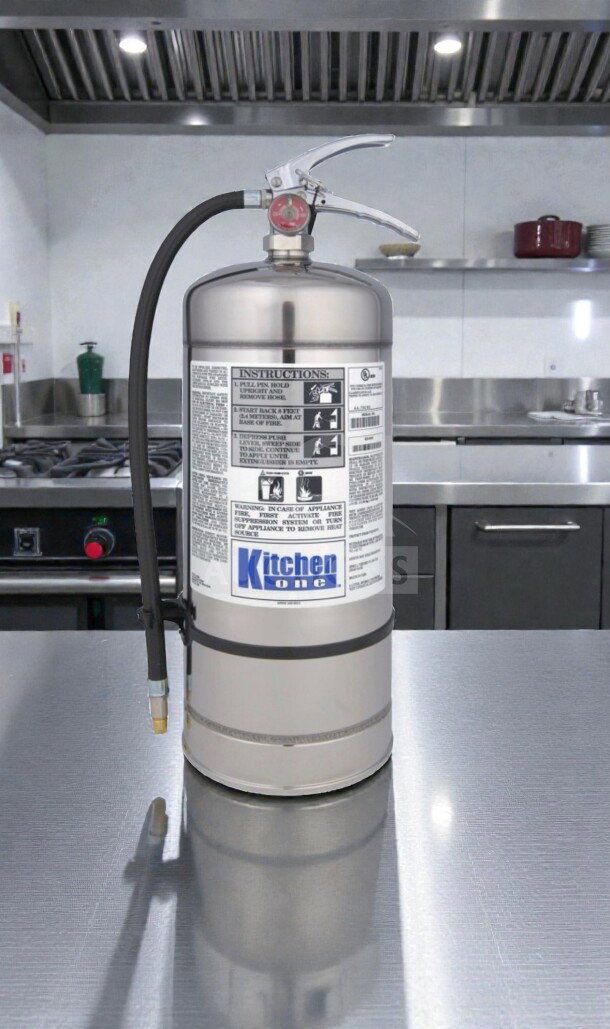 Pyro-Chem KS-6100 Class K fire extinguisher, elite condition, UL listed, inspected, features instructions and Kitchen One branding.