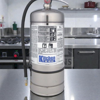 Pyro-Chem KS-6100 Class K fire extinguisher, elite condition, UL listed, inspected, features instructions and Kitchen One branding.