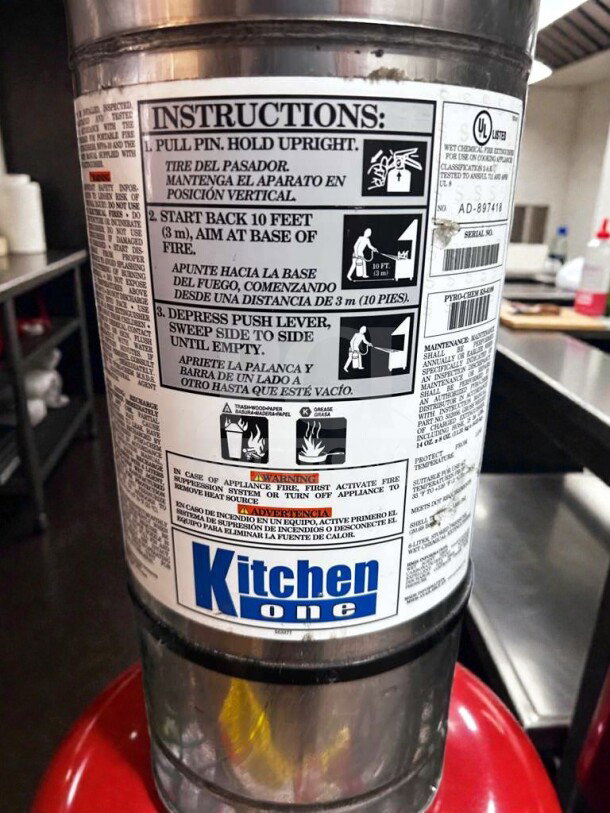 Pyro-Chem KS-6100 commercial fire extinguisher, elite condition, UL listed, labeled instructions, fully inspected.