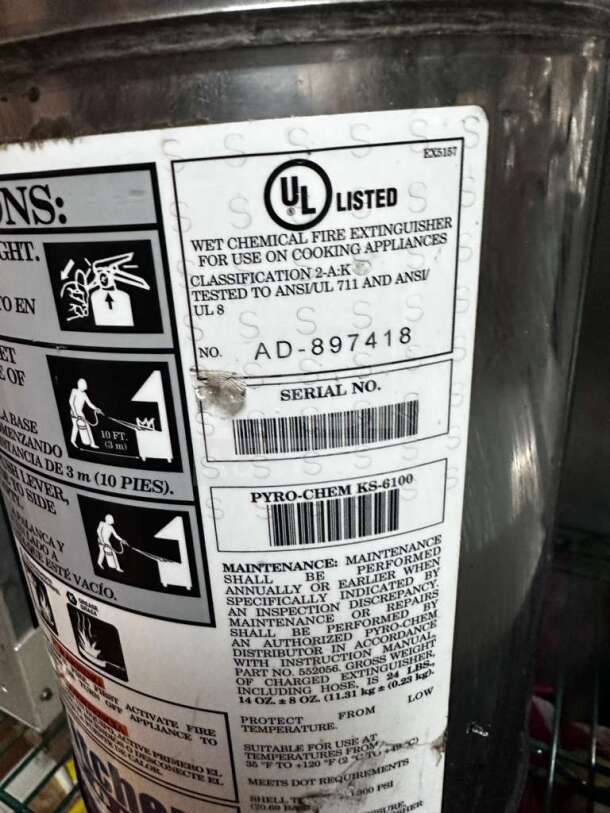Pyro-Chem KS-6100 commercial Class K wet chemical fire extinguisher, UL listed, fully inspected, operational.