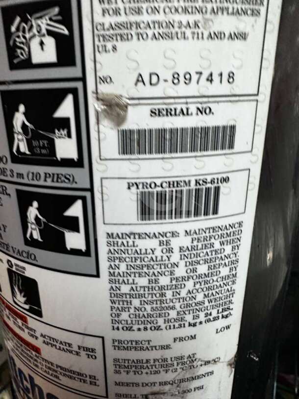 Pyro-Chem KS-6100 fire extinguisher, UL listed, elite condition, fully inspected, with maintenance instructions and serial number.