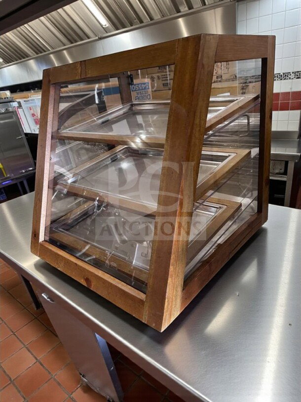Wooden 2-tier countertop pastry display case with glass panels, model WDC-S-DSP-0988, in remarkable condition.