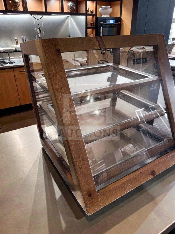 Two-tier wooden countertop pastry display case with glass panels, model WDC-S-DSP-0988, in remarkable condition.