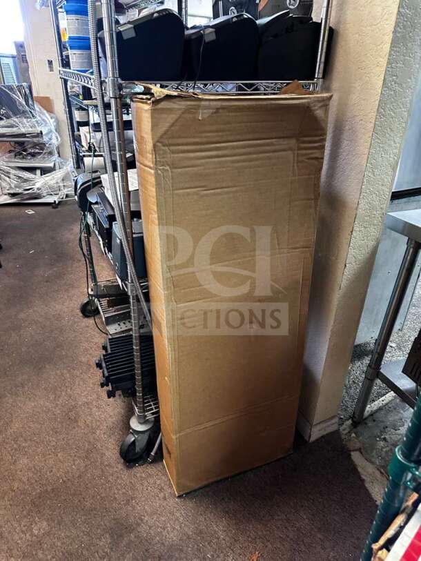 Cardboard box containing Metro 1848FG 18" x 48" solid galvanized shelf, NSF listed, for commercial storage, exceptional condition.