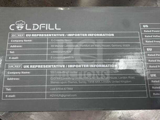 COLDFILL BW606 folding food warming tray box, showing importer info. Features 8 temperature settings, portable design.