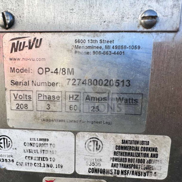 Nu-Vu OP-4/8M commercial oven tag, showing 208V 3 Phase specs, serial 727480020513, and ETL certification labels.