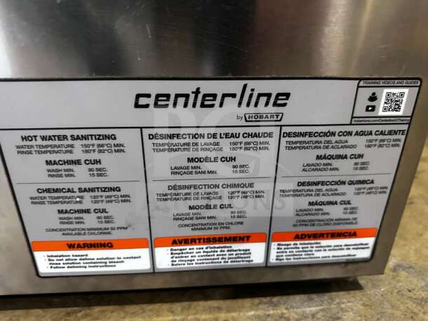 "Elite Condition Hobart CUH-1 dishwasher, high-temp undercounter model, 208-240V, fully tested. Label specifies sanitizing instructions."