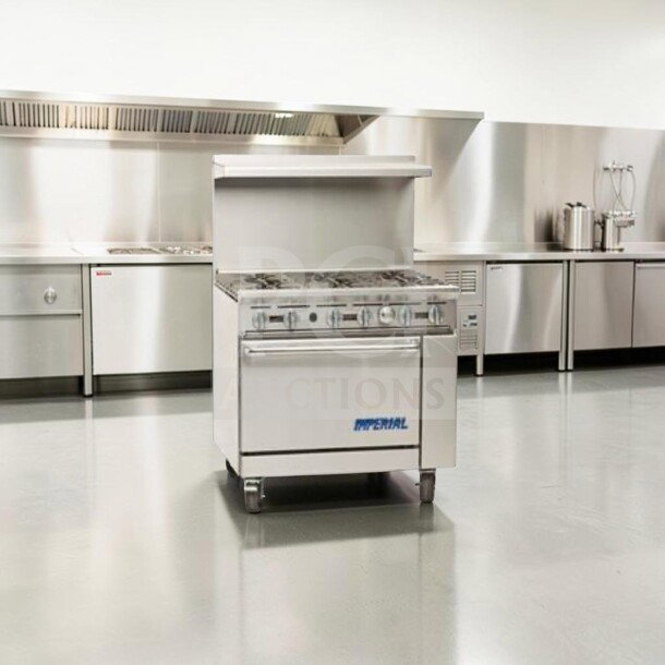 Exceptional condition Imperial IR-6 36" commercial gas range with 6 burners and oven, natural gas, heavy-duty, fully tested.