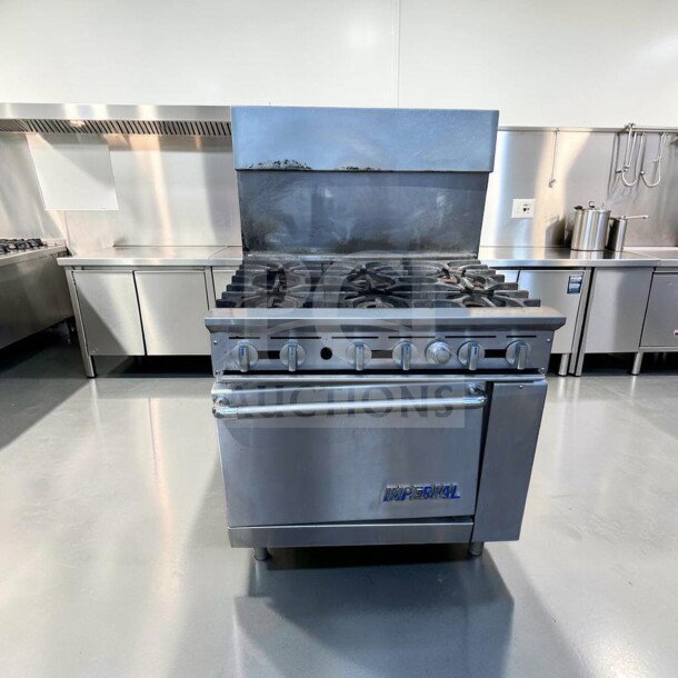 Imperial IR-6 36" Commercial Gas Range, 6 burners, oven, natural gas, exceptional condition, fully tested, model IMP-L-RANGE-0874.