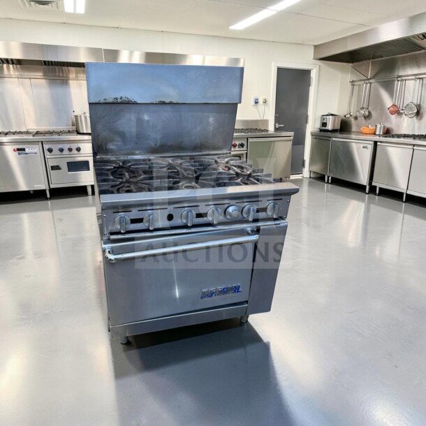 Imperial IR-6 36" gas range, 6 burners, oven, fully operational, exceptional condition, stainless steel, model IR-6.