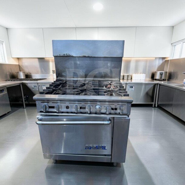 Exceptional Imperial IR-6 36" commercial gas range, 6 burners, oven, natural gas, heavy-duty, excellent condition.