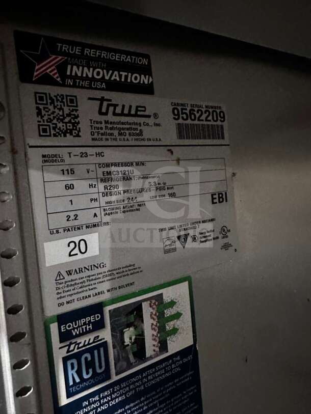 True T-23-HC 27" Reach-In Refrigerator, tags showing model, voltage 115V, refrigerant R290, fully tested, prime condition.