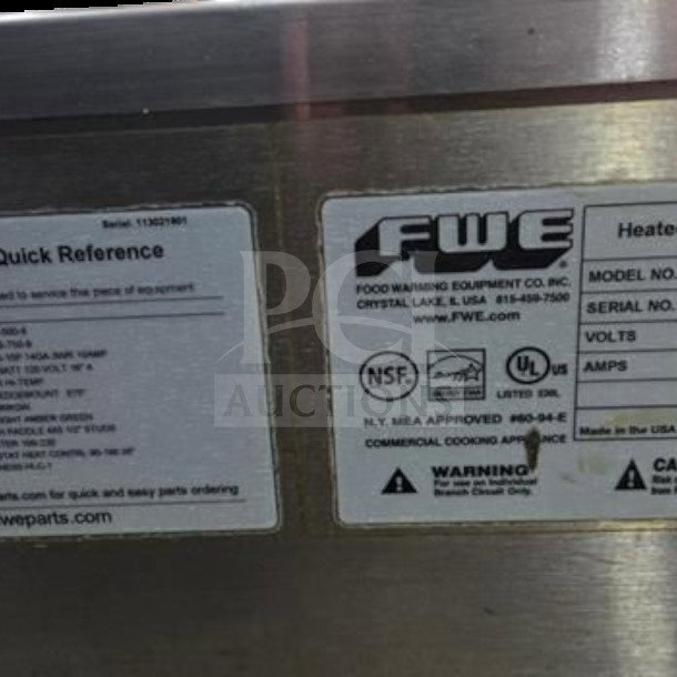 Food Warming HLC-1826-4(A) heated holding cabinet label, showing NSF and UL certification, 120V, serial number visible.