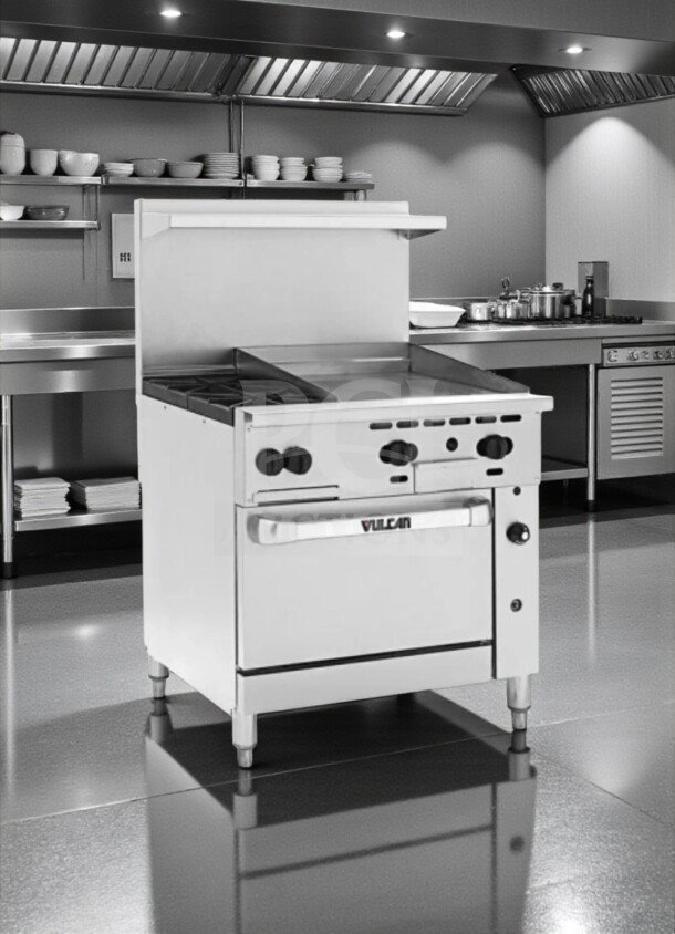 Vulcan 36C-2B24GTN natural gas range, 36", superior condition, 2 burners, 24" thermostatic griddle, convection oven, NSF/CSA listed.