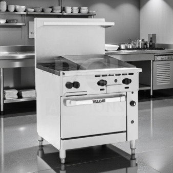 Vulcan 36C-2B24GTN natural gas range, 36", superior condition, 2 burners, 24" thermostatic griddle, convection oven, NSF/CSA listed.