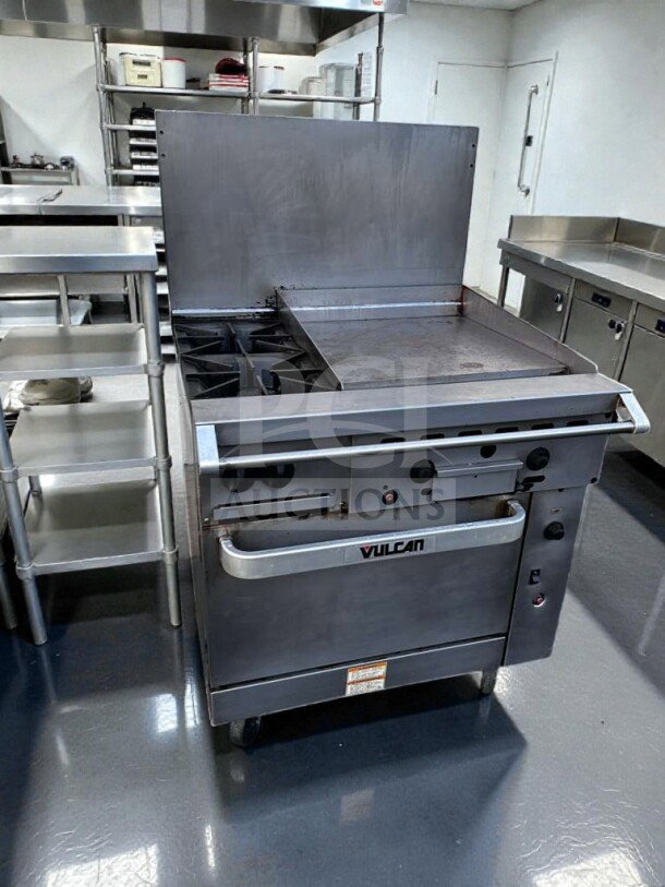 Vulcan 36C-2B24GTN Natural Gas Range, 2 burners, 24" griddle, convection oven base, 135,000 BTU, NSF/CSA listed, excellent condition.