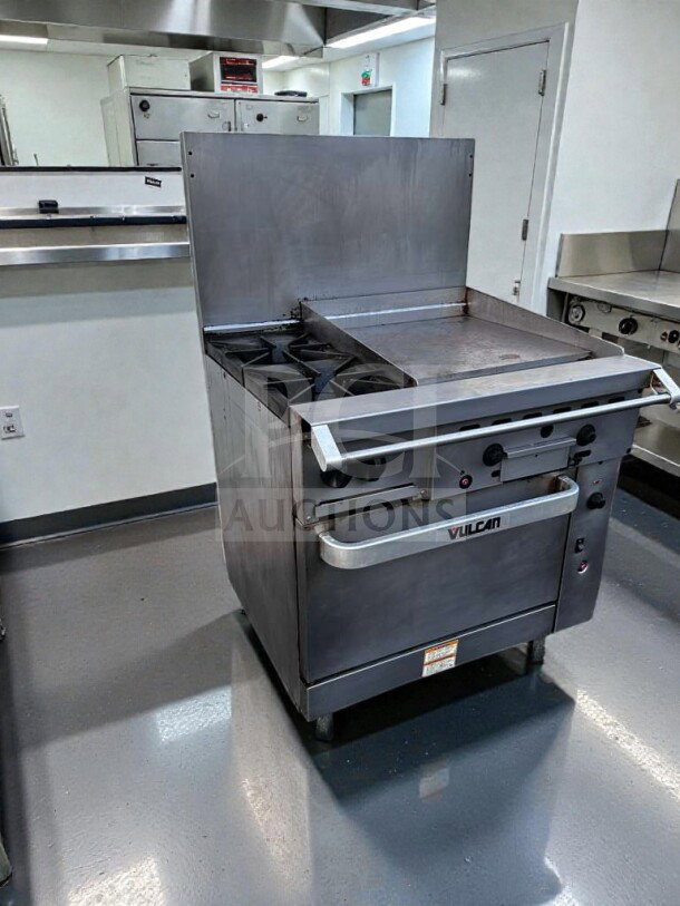 Vulcan 36C-2B24GTN range with 2 burners, 24" thermostatic griddle, convection oven base, NSF/CSA listed, fully tested.