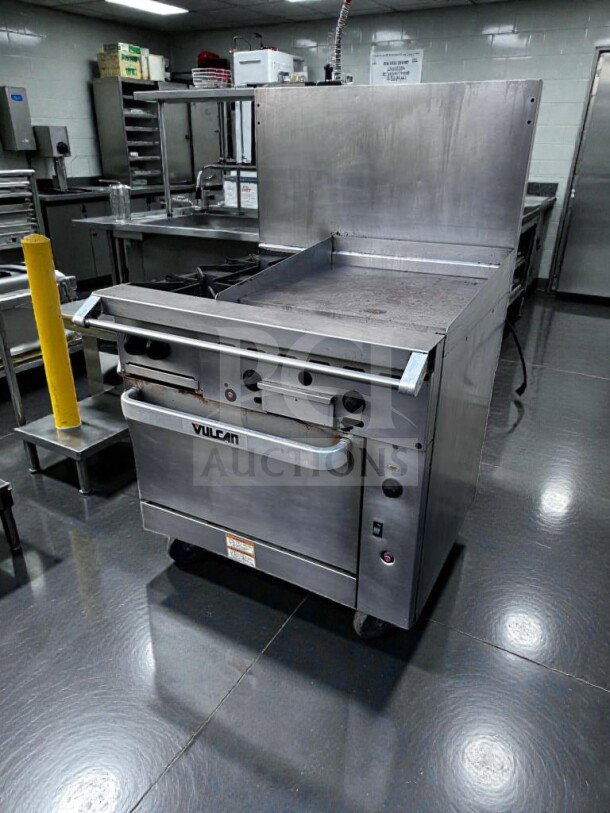 Vulcan 36C-2B24GTN range with 2 burners, 24" griddle, and convection oven. Stainless steel, 135,000 BTU, NSF/CSA listed.