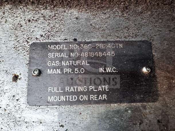 Plaque on Vulcan 36C-2B24GTN range stating model, serial number 481848445, natural gas, 5.0 manifold pressure.