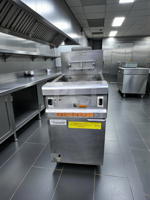 Frymaster GWCSC commercial gas pasta cooker, 15-gallon, 80,000 BTU, NSF/CSA certified, tested, "Caution Hot" and warning labels visible.