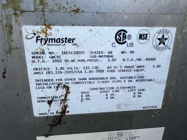 Frymaster GWCSC commercial gas pasta cooker, 15-gallon, 80,000 BTU, NSF/CSA certified, exceptional condition, fully tested.