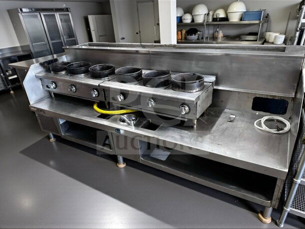 Immaculate commercial 6 burner wok system, stainless steel, gas-operated, refrigerated top, fully tested, unbranded.