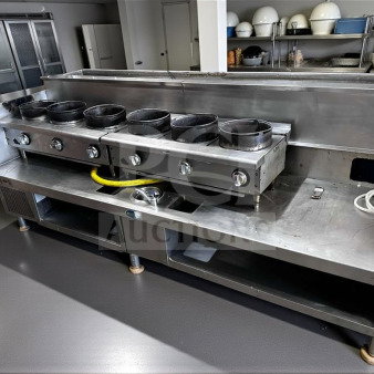 Immaculate commercial 6 burner wok system, stainless steel, gas-operated, refrigerated top, fully tested, unbranded.