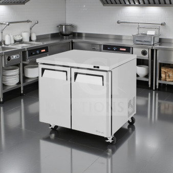 Turbo Air MUR-36-N6 undercounter refrigerator, stainless steel, 36", 9 cu. ft., high-grade condition, ETL/NSF listed.
