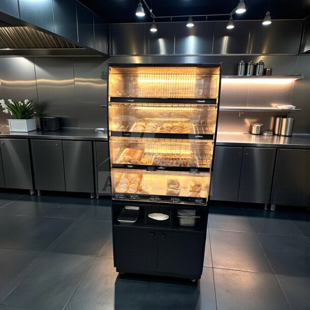 Illuminated black non-refrigerated bakery display case, immaculate condition, 3 levels, fully operational, unbranded.