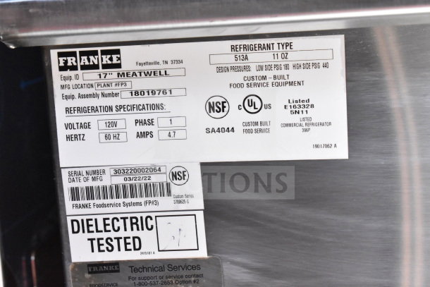 Refrigeration label on a 2022 Rock Solid Cargo food trailer, detailing Franke specifications and NSF certification.