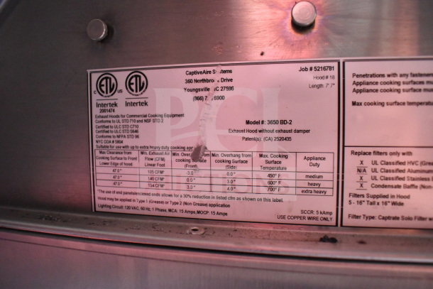 Label on CaptiveAire grease hood for Rock Solid Cargo food trailer, indicating model 3650 BD-2, certified for commercial cooking.