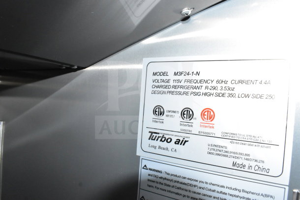 Turbo Air refrigeration label on a 2022 Rock Solid Cargo 8.5x28 Wendy's Food Trailer. Model M3F24-1-N, 115V, R-290 refrigerant.
