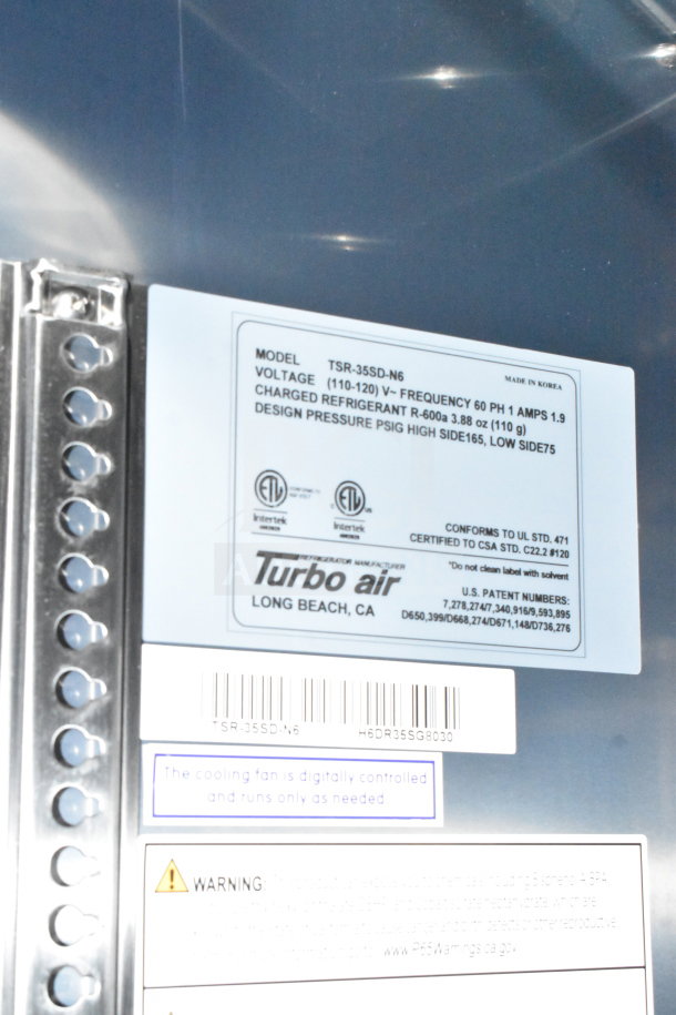 Turbo Air refrigeration label, model TSR-35SD-N6. Voltage: 110-120V, frequency: 60Hz. Charged refrigerant: R-600a, 110g. Made in Korea.