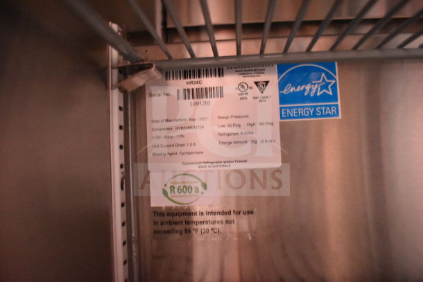 Energy Star label on commercial refrigerator, model HR24C, serial L00120J, made in September 2021.